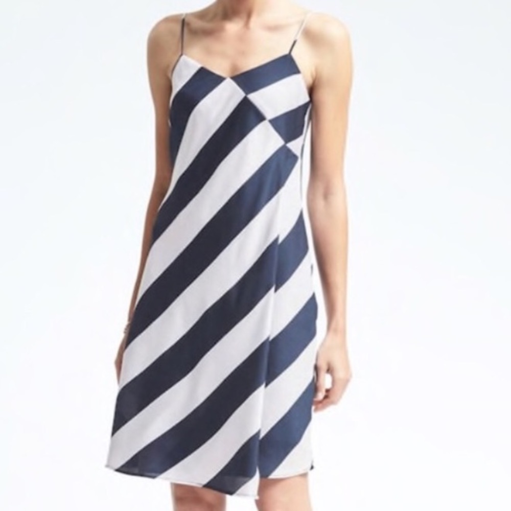 Banana Republic asymmetrical white/navy slip dress